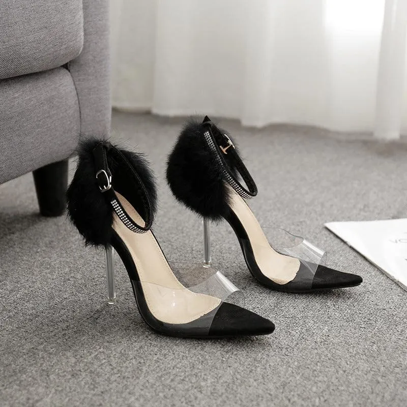 Crystal heel rhinestone rabbit fur sandals