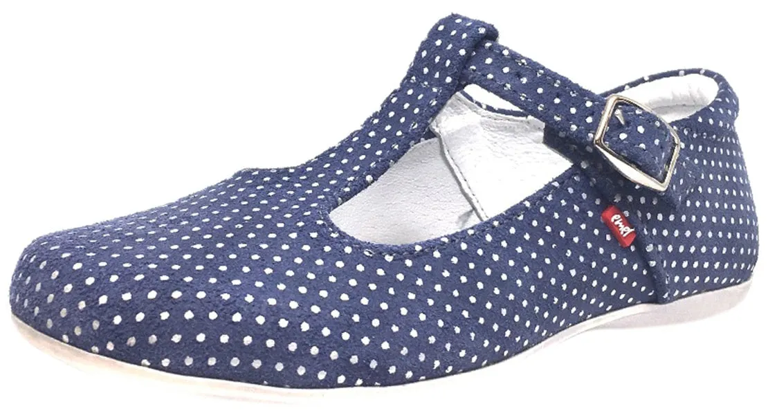 Emel Girl's Polka Dot Denim Blue Leather T-Strap Mary Jane Shoe