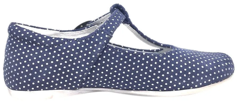 Emel Girl's Polka Dot Denim Blue Leather T-Strap Mary Jane Shoe