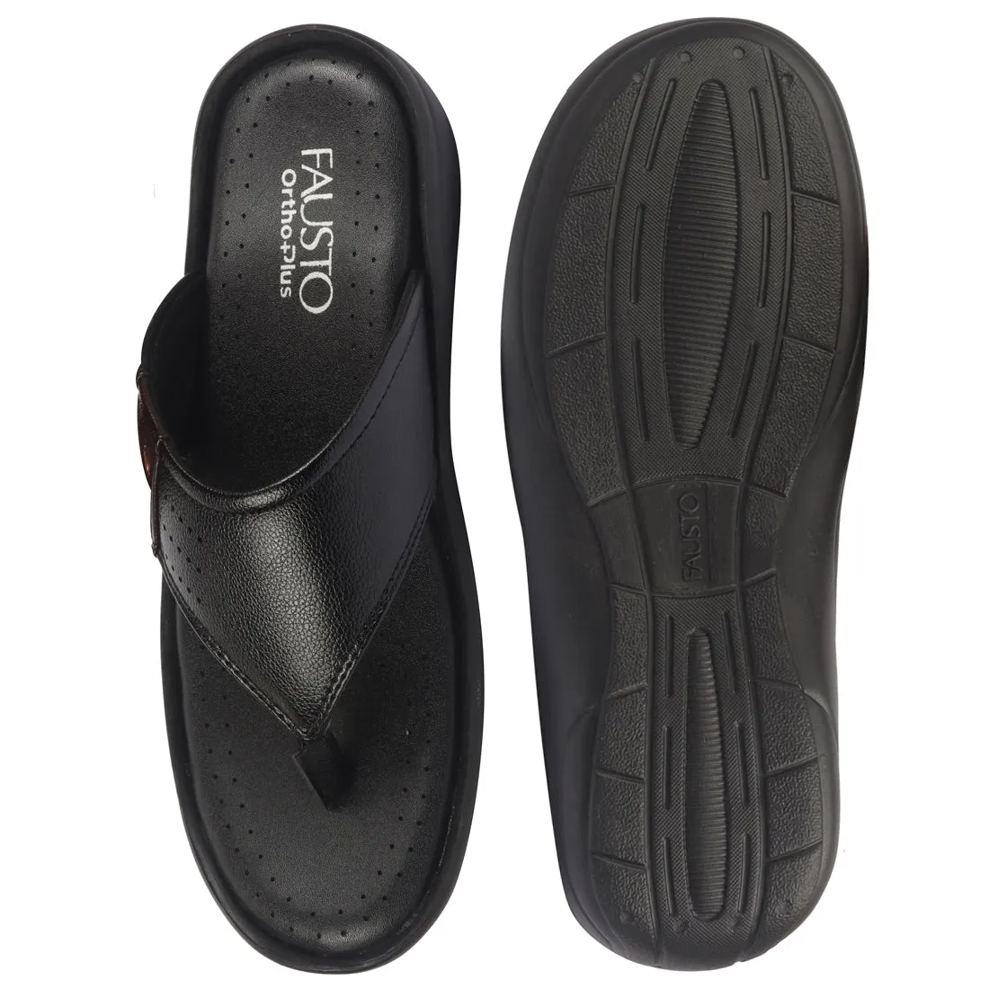 FAUSTO Men Black Open Toe Flip-Flop Slippers With Memory Cushion|Outdoor Slipper For Men