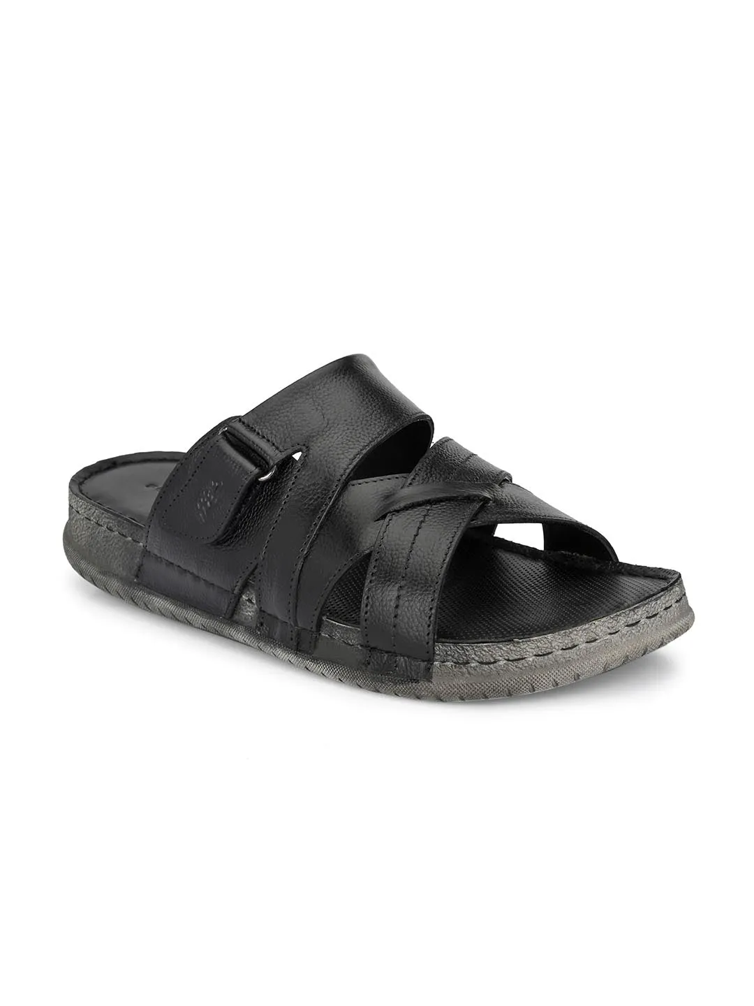 Hitz Men's Black Leather Cross Strap Open Toe Slippers