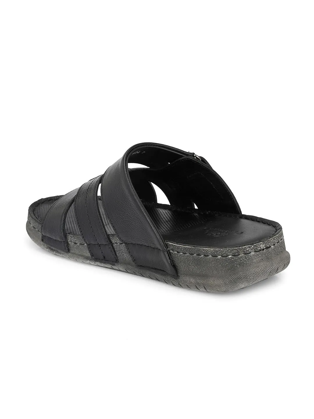 Hitz Men's Black Leather Cross Strap Open Toe Slippers