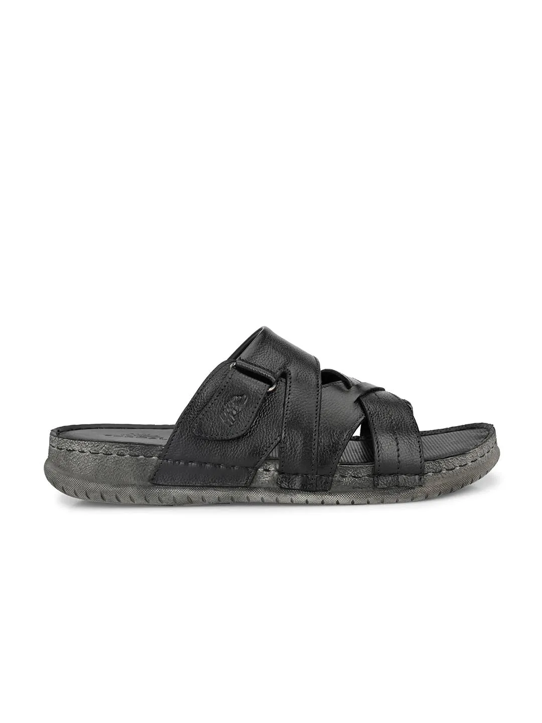 Hitz Men's Black Leather Cross Strap Open Toe Slippers