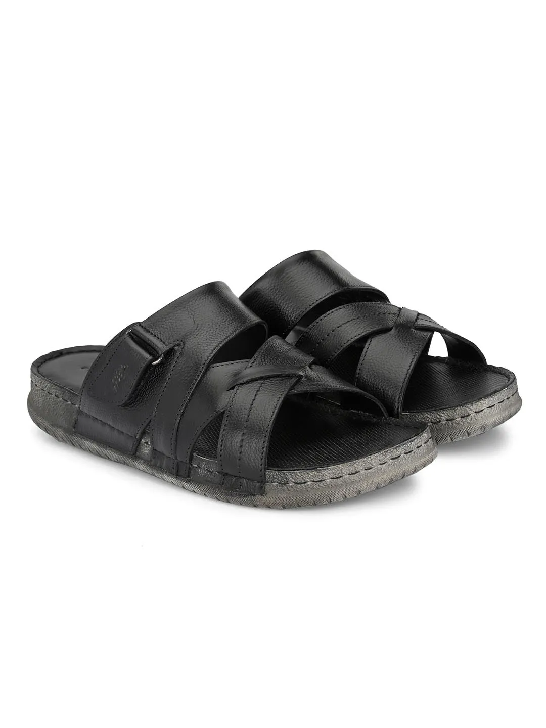 Hitz Men's Black Leather Cross Strap Open Toe Slippers