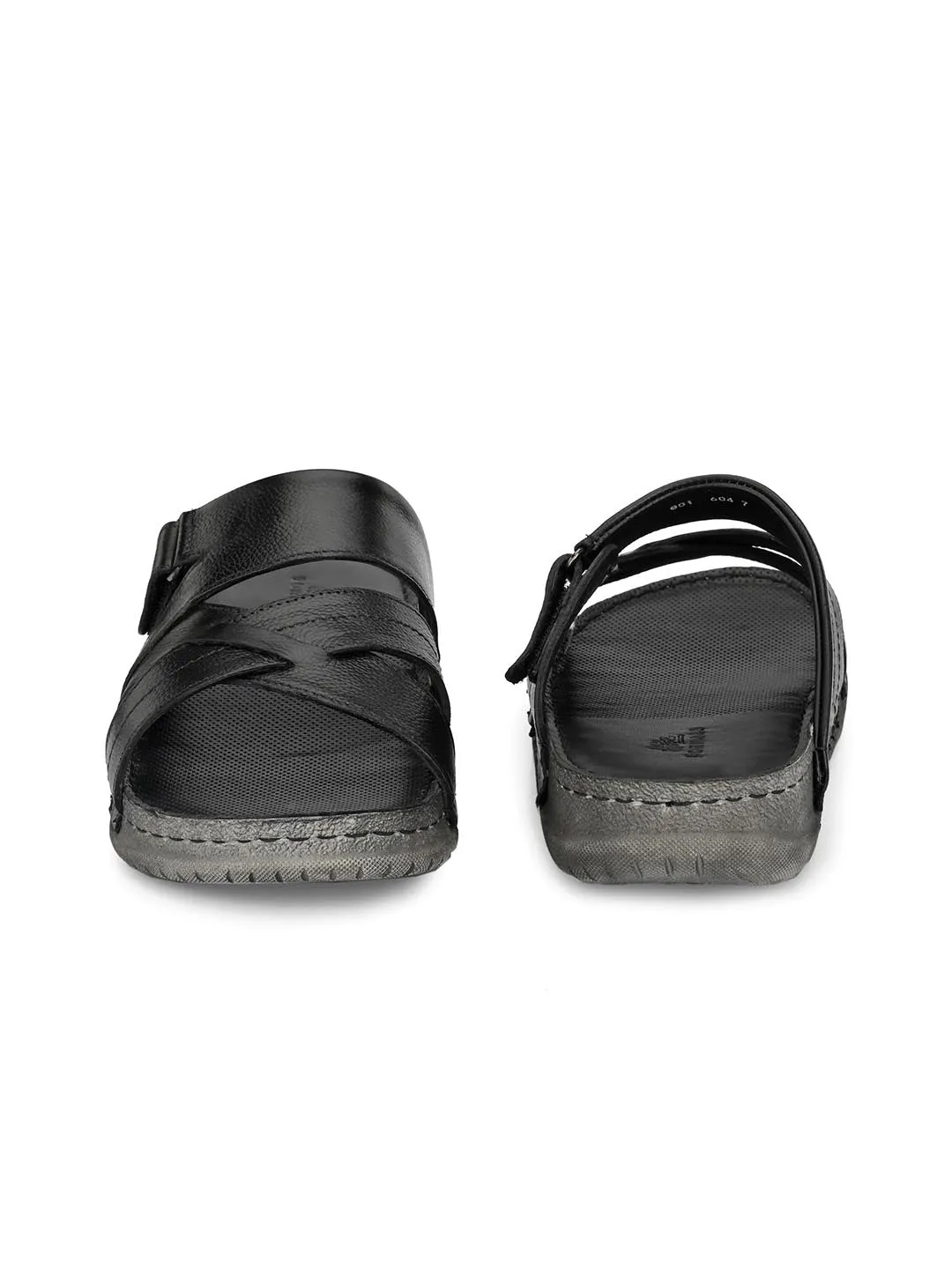 Hitz Men's Black Leather Cross Strap Open Toe Slippers