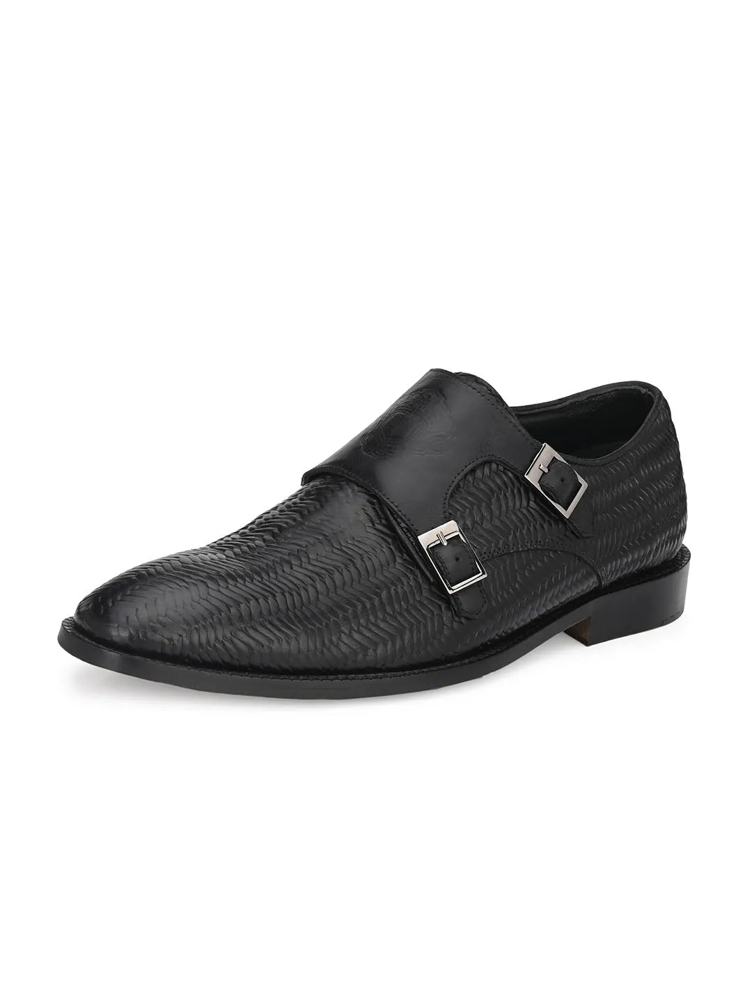 Hitz Men's Black Leather Double Strap Monk Shoes