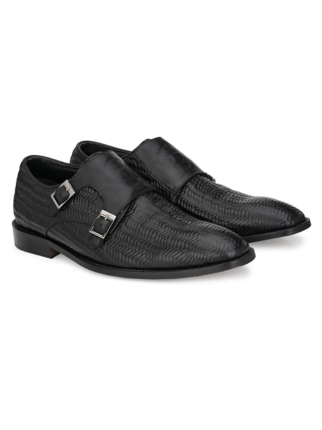 Hitz Men's Black Leather Double Strap Monk Shoes