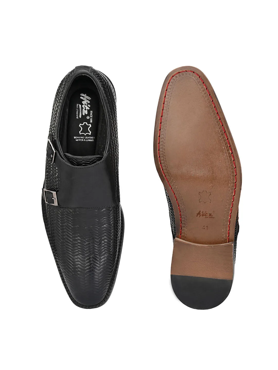 Hitz Men's Black Leather Double Strap Monk Shoes