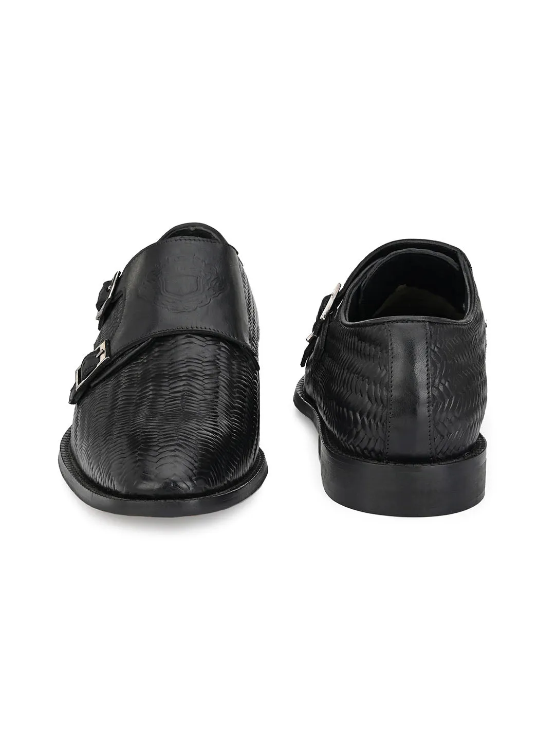 Hitz Men's Black Leather Double Strap Monk Shoes