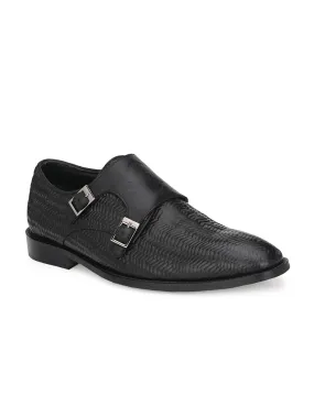 Hitz Men's Black Leather Double Strap Monk Shoes