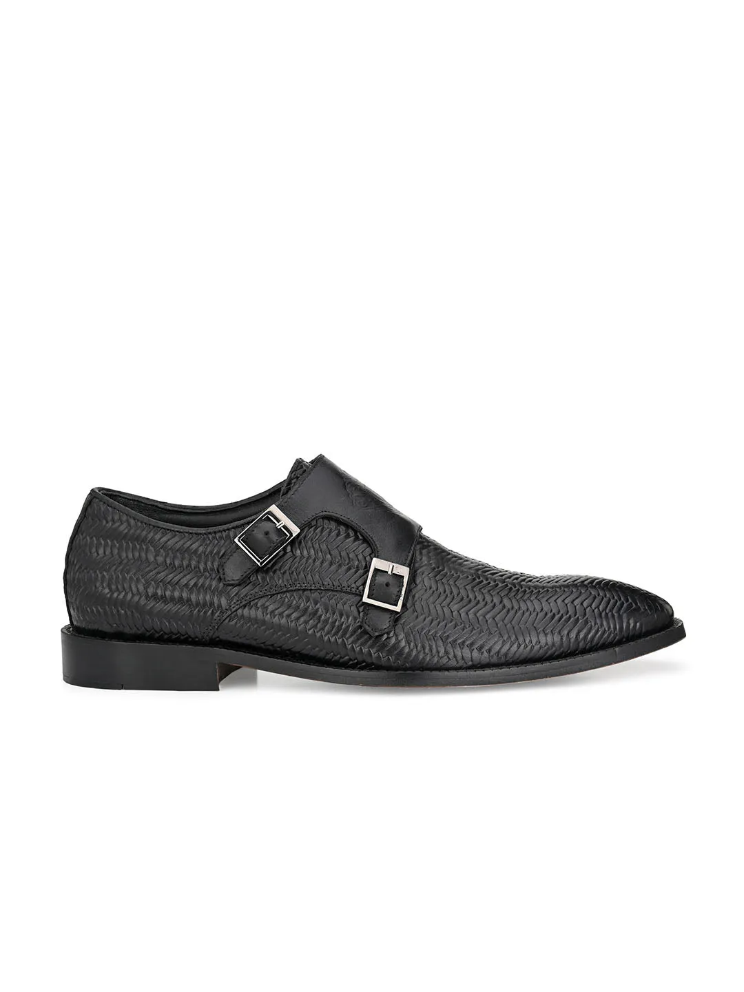 Hitz Men's Black Leather Double Strap Monk Shoes