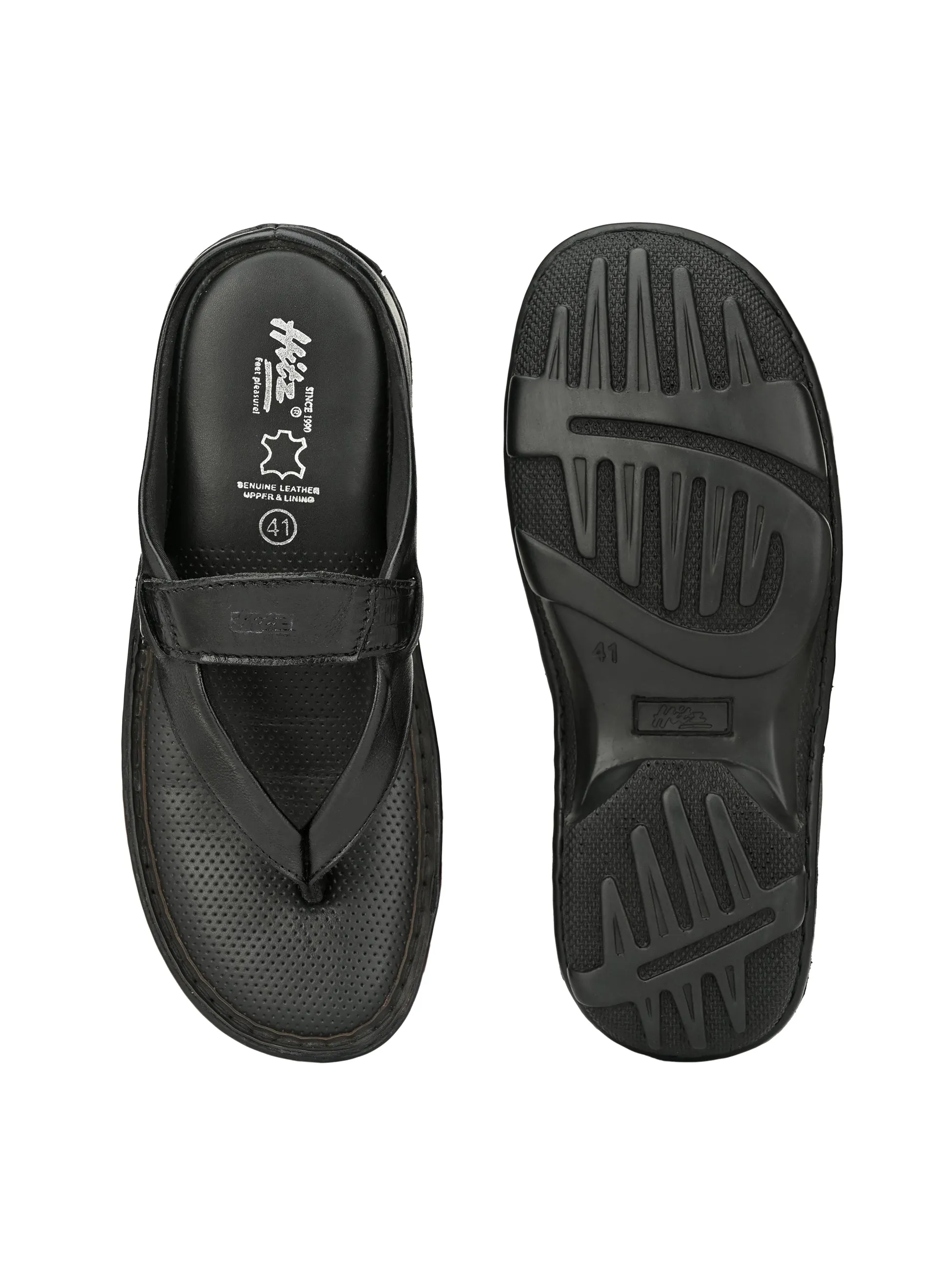 Hitz Men's Black Leather Open Toe Indoor Outdoor Slippers