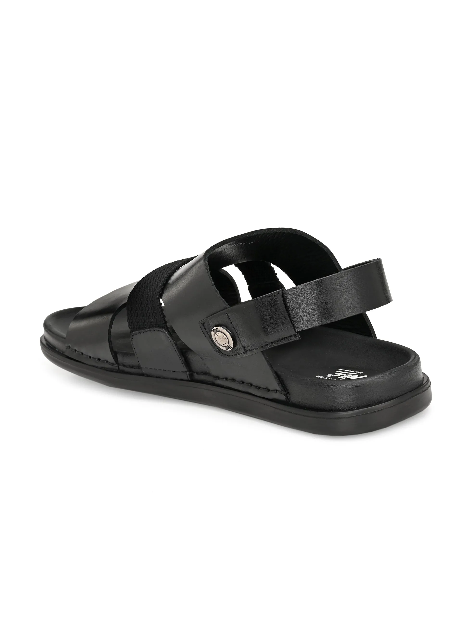 Hitz Men's Black Leather Open Toe Slip-On Slippers