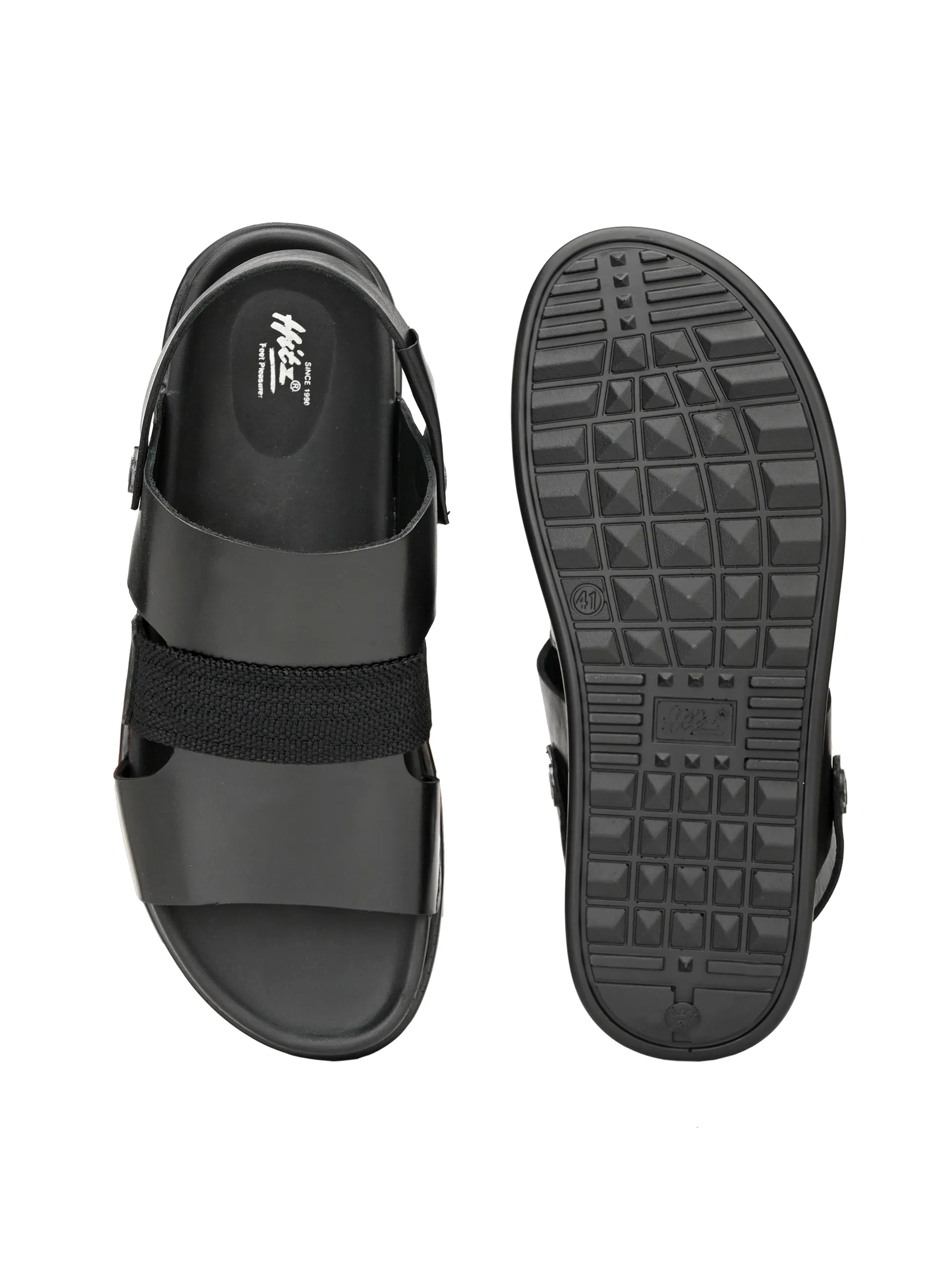 Hitz Men's Black Leather Open Toe Slip-On Slippers