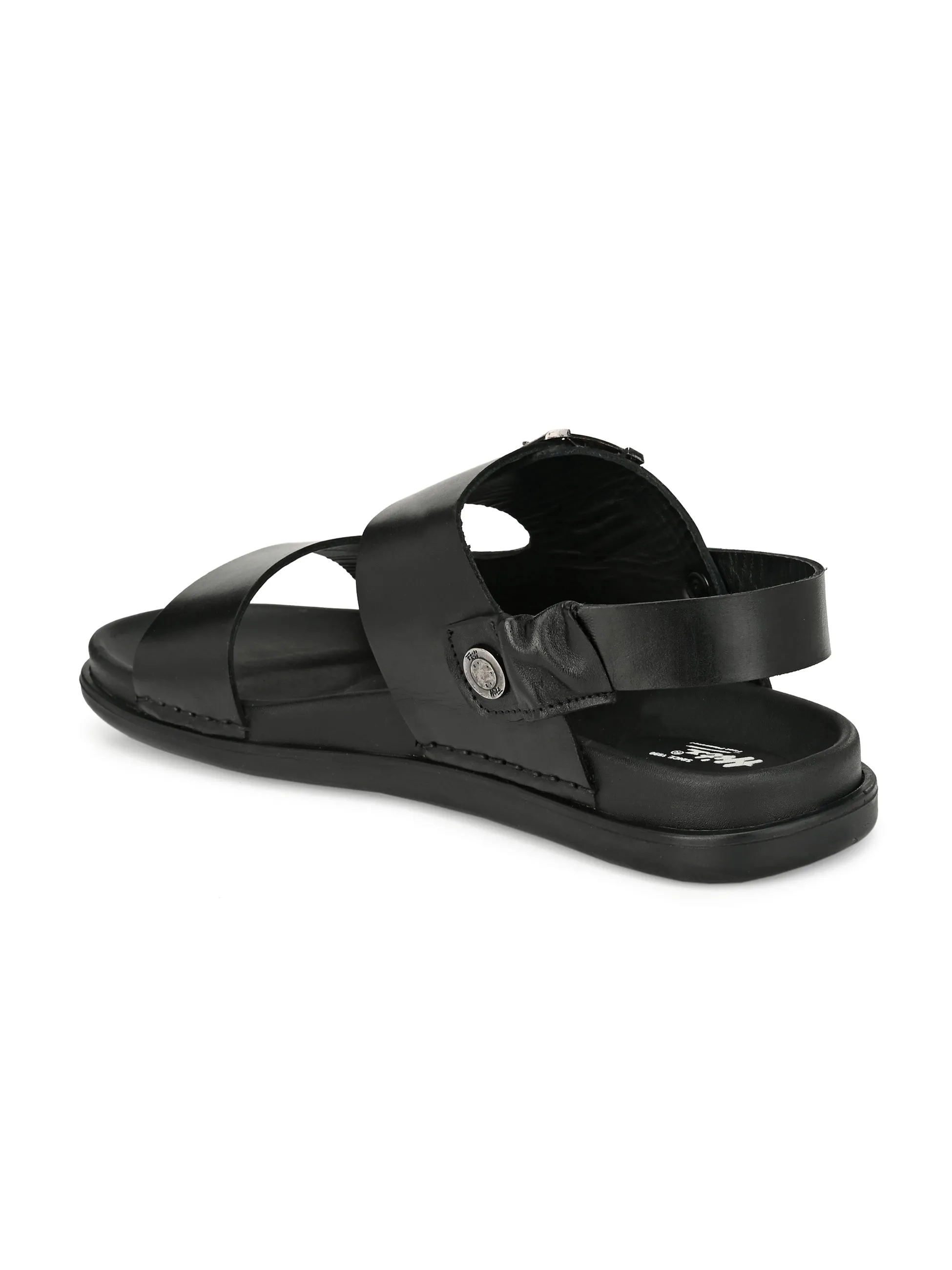 Hitz Men's Black Leather Open Toe Slippers with Buckle