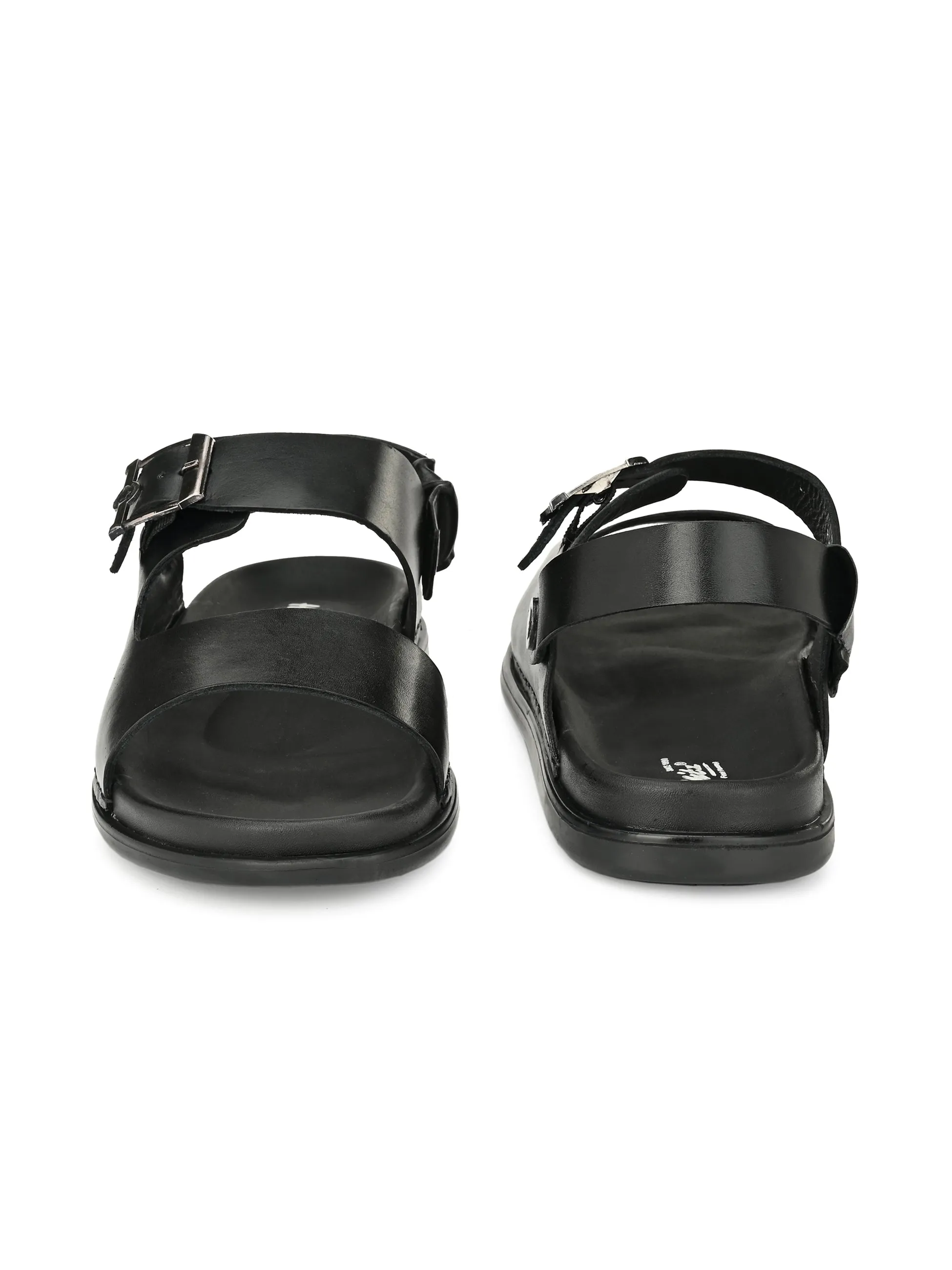 Hitz Men's Black Leather Open Toe Slippers with Buckle