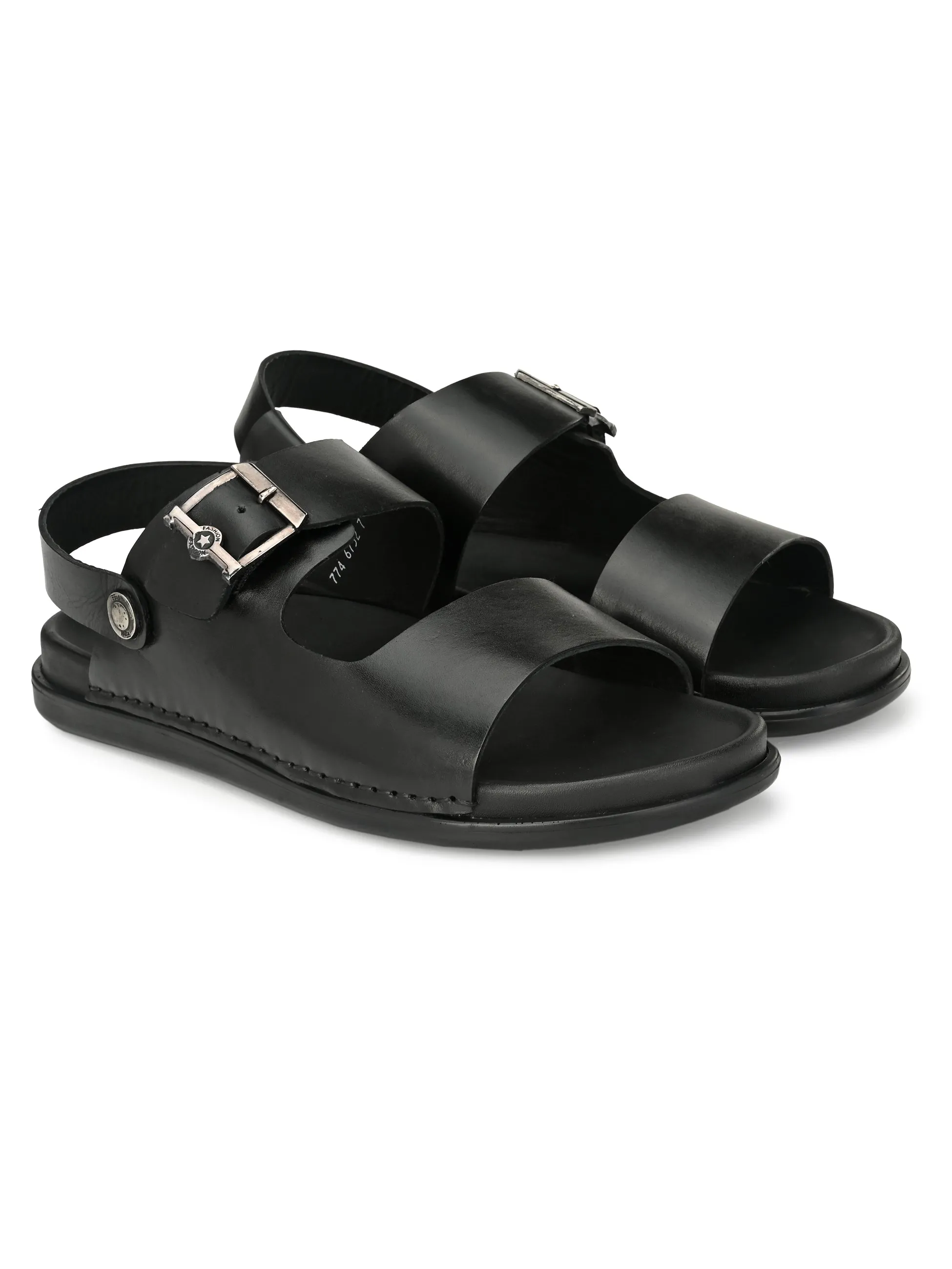 Hitz Men's Black Leather Open Toe Slippers with Buckle