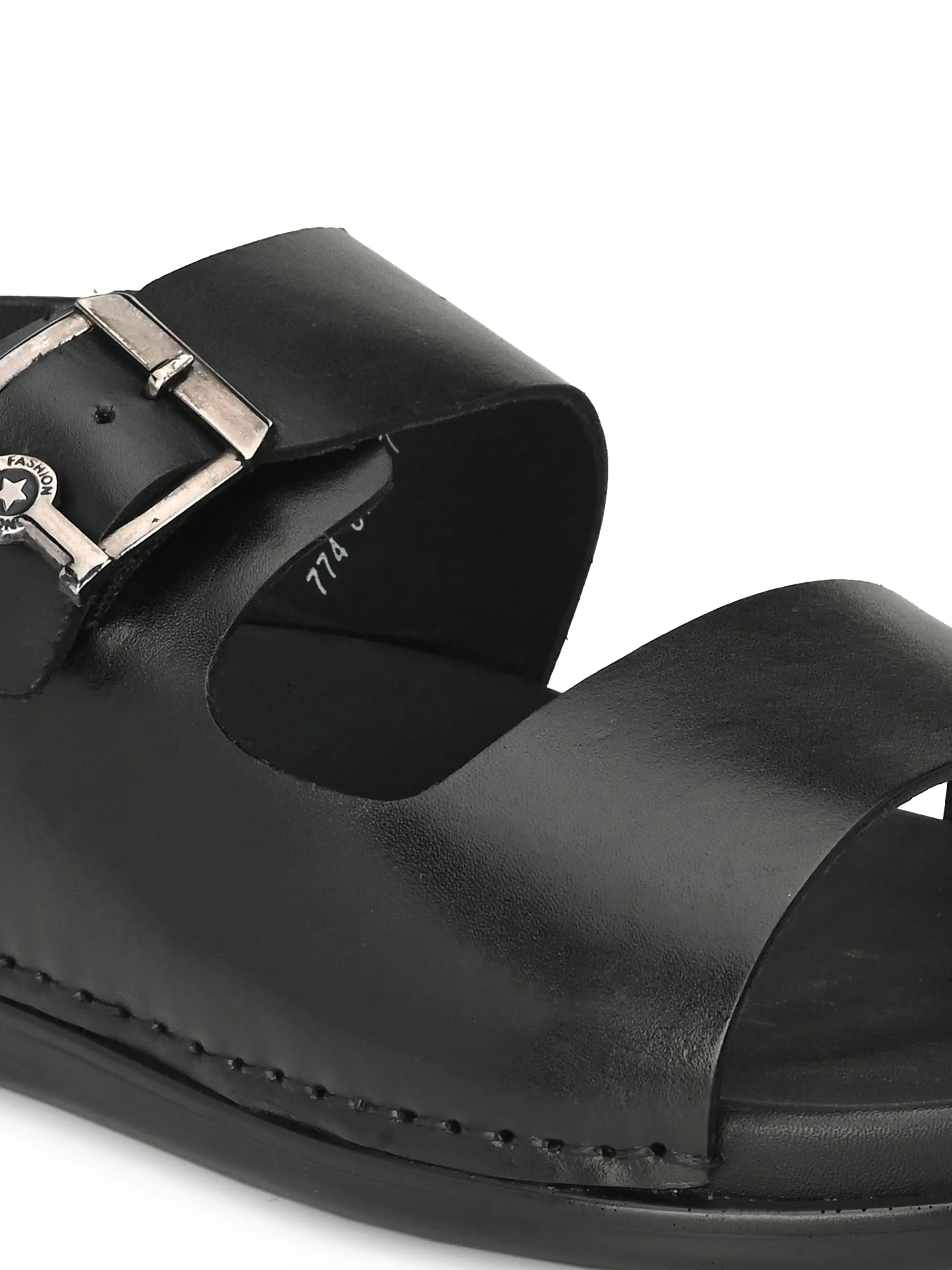 Hitz Men's Black Leather Open Toe Slippers with Buckle