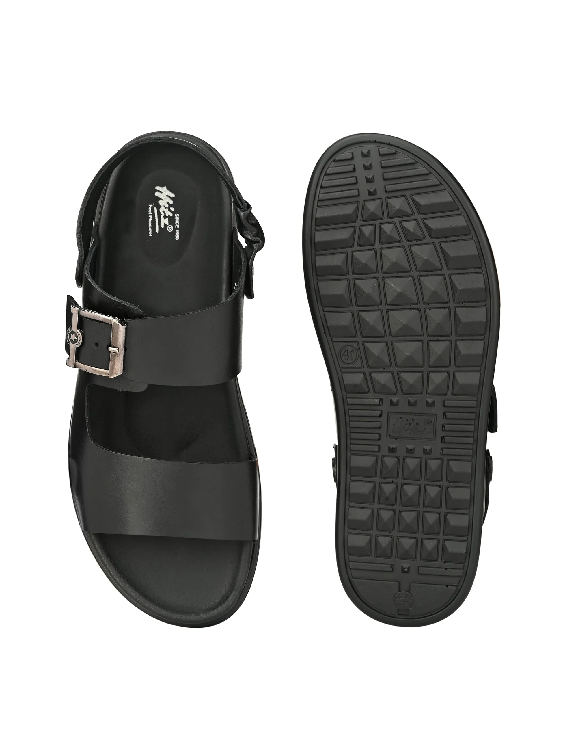 Hitz Men's Black Leather Open Toe Slippers with Buckle