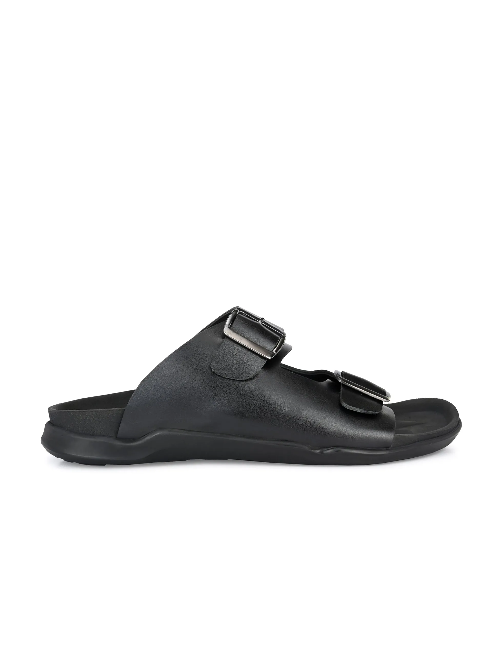 Hitz Men's Black Leather Open Toe Slippers