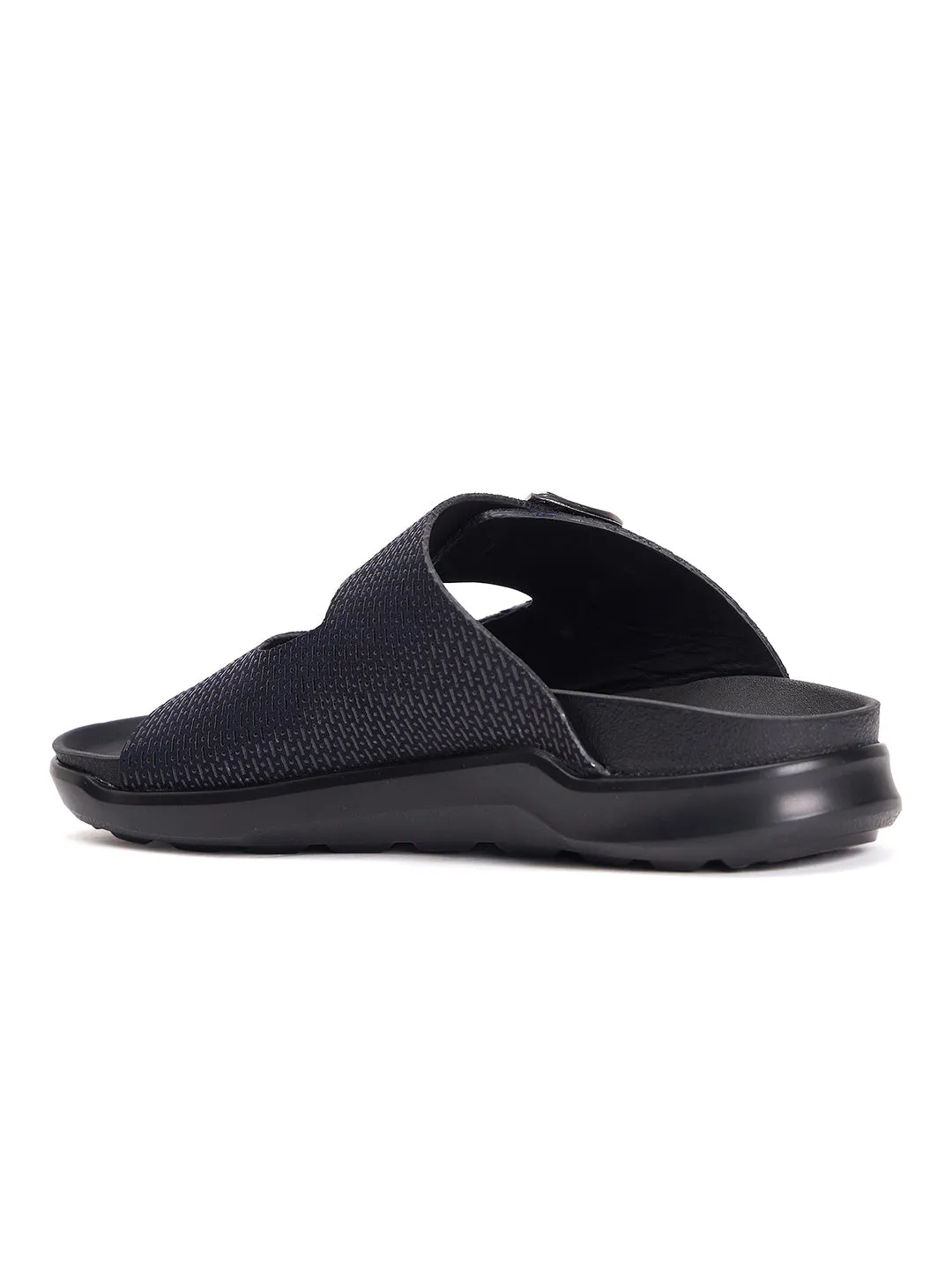 Hitz Men's Black Leather Open Toe Slippers