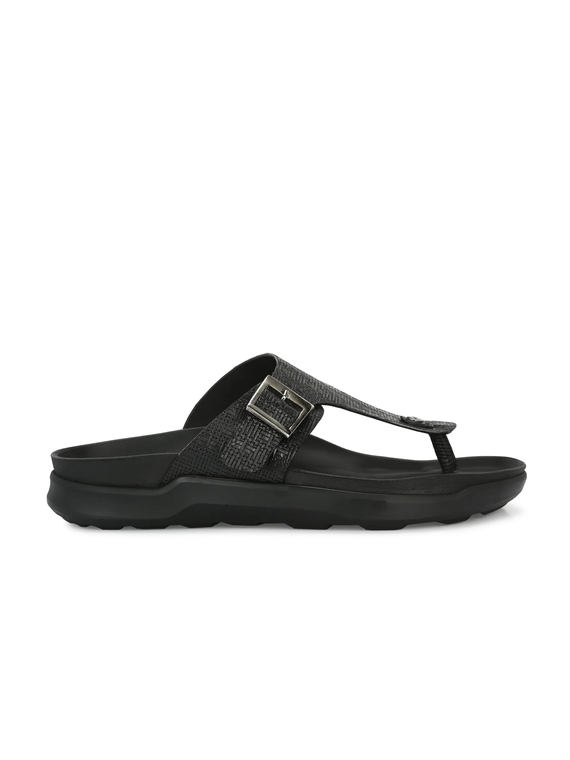 Hitz Men's Black Leather Open Toe Slippers