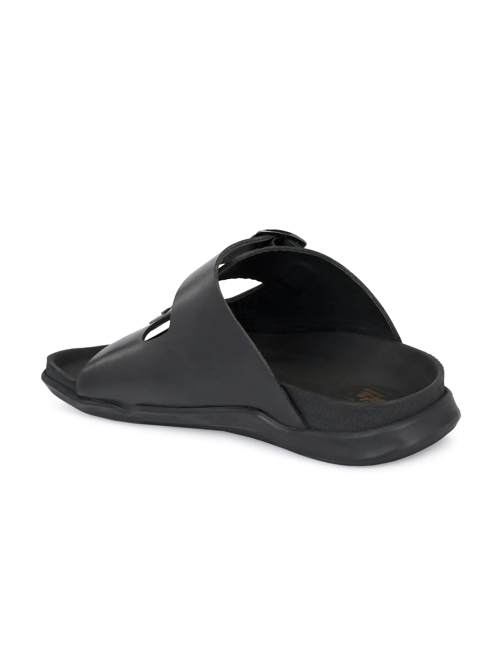 Hitz Men's Black Leather Open Toe Slippers