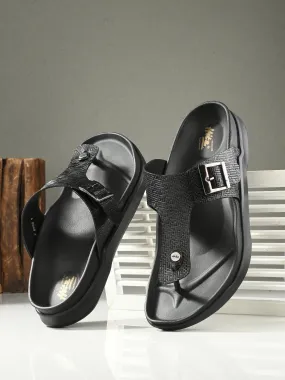 Hitz Men's Black Leather Open Toe Slippers