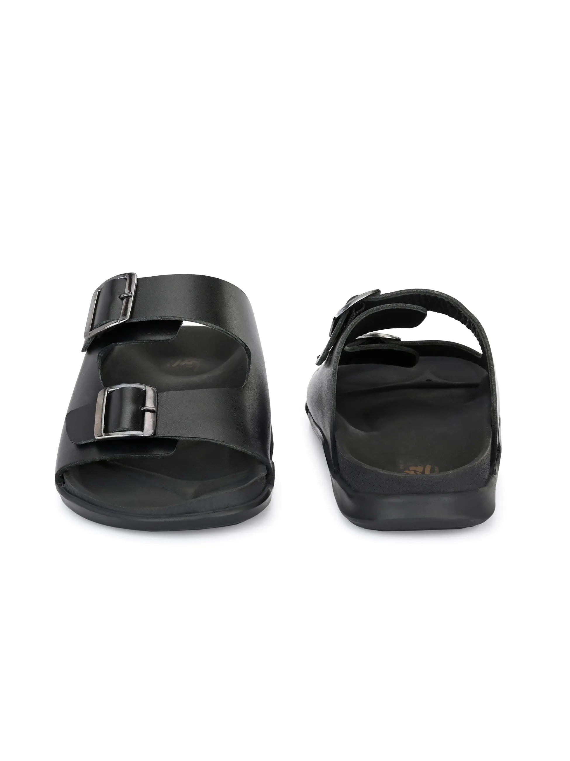 Hitz Men's Black Leather Open Toe Slippers