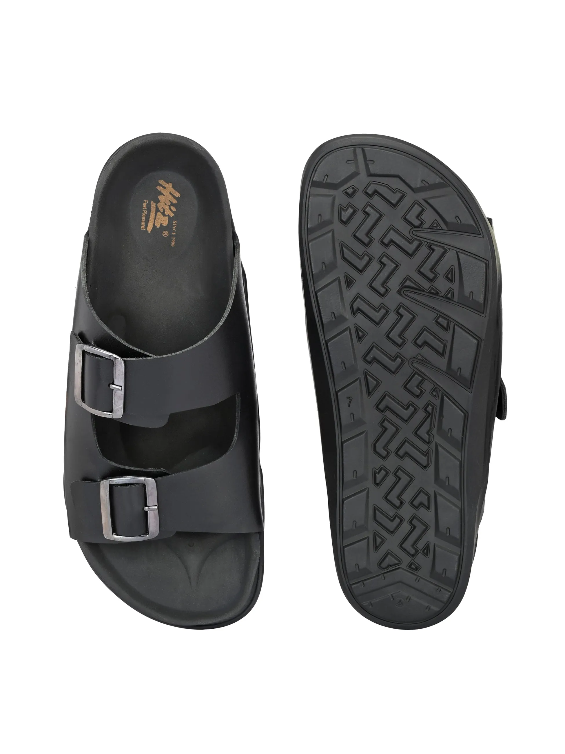 Hitz Men's Black Leather Open Toe Slippers