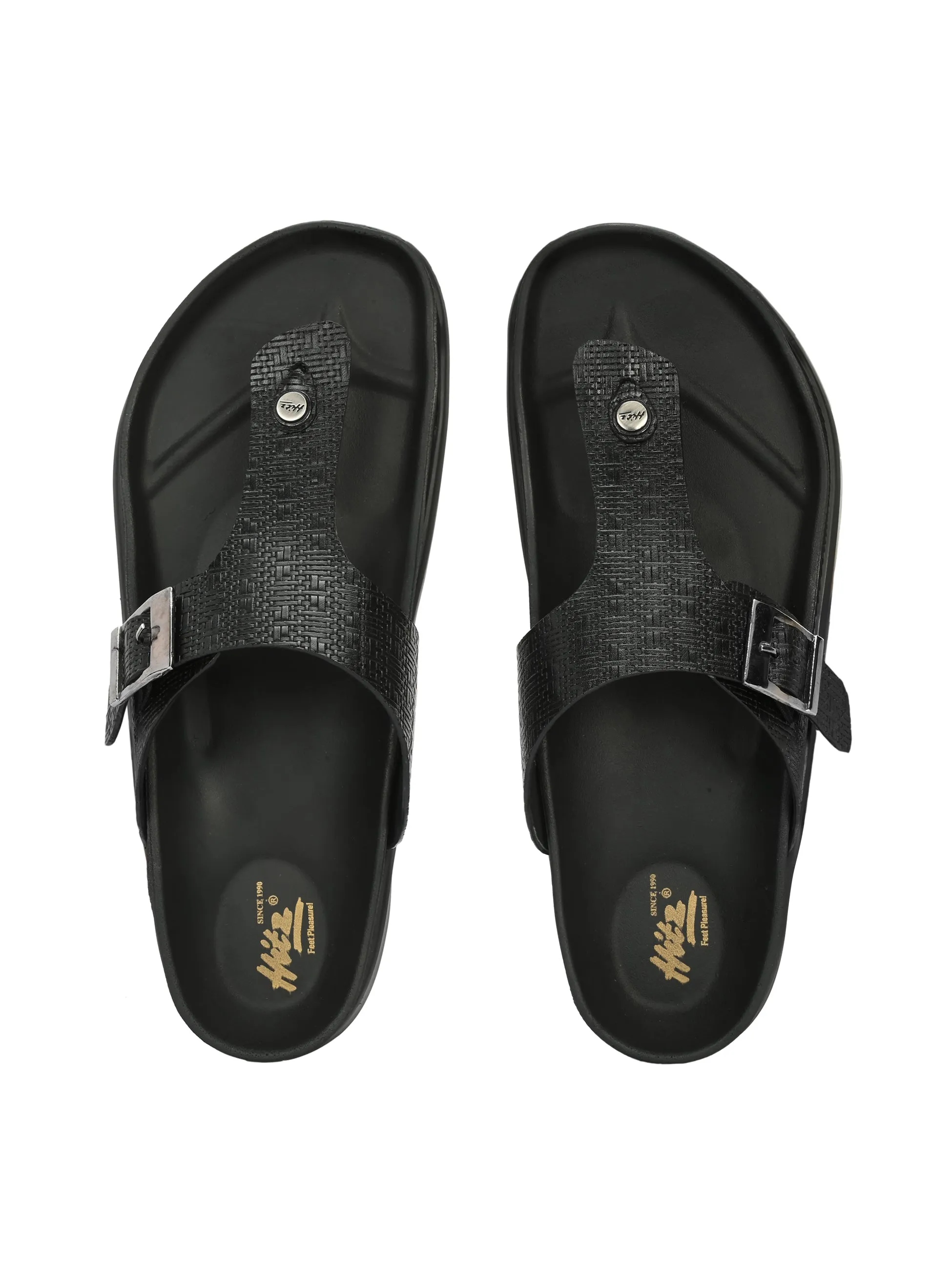 Hitz Men's Black Leather Open Toe Slippers