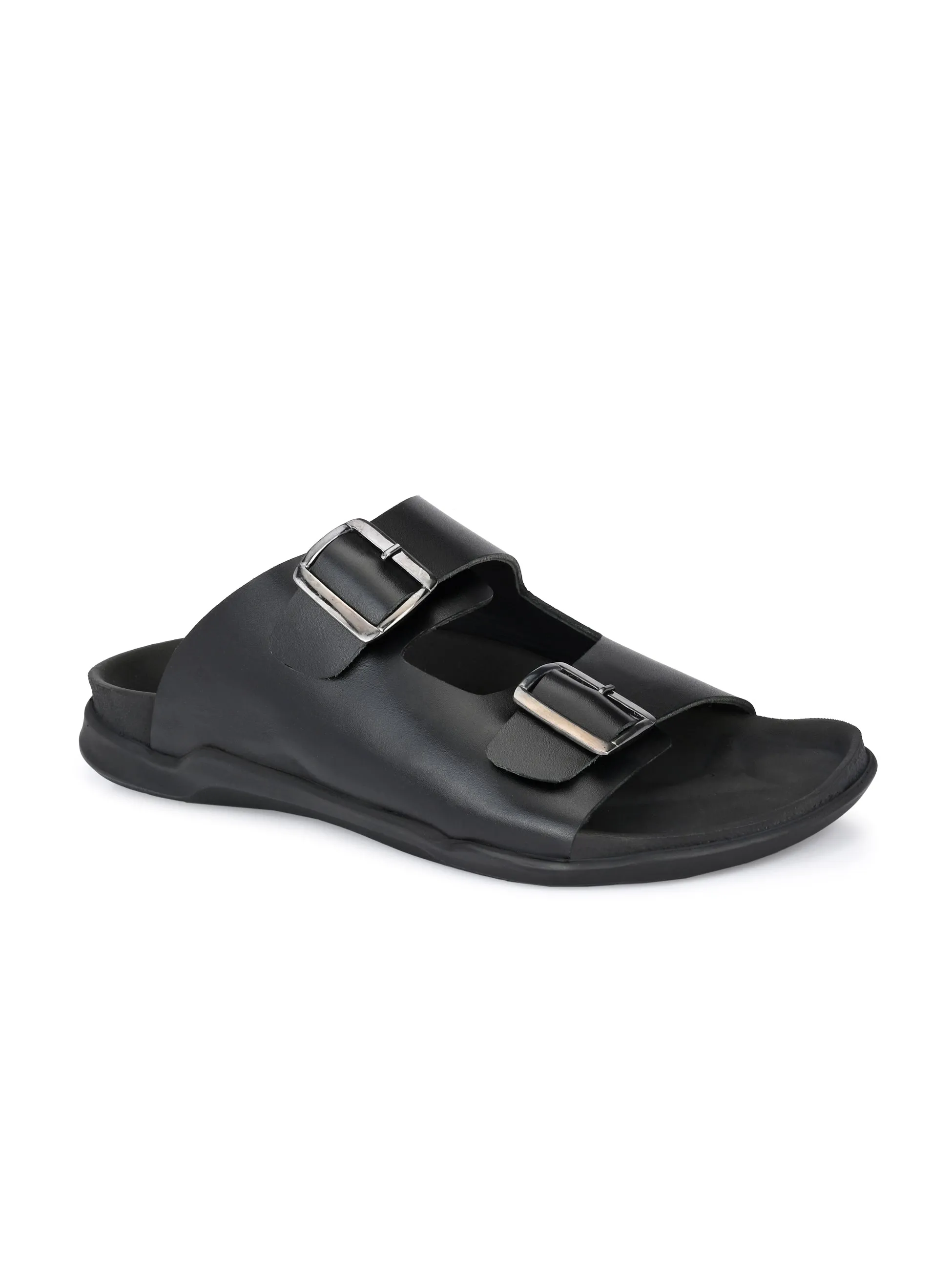 Hitz Men's Black Leather Open Toe Slippers