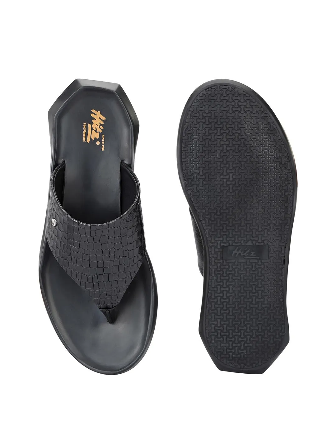 Hitz Men's Black Open Toe Leather Slippers