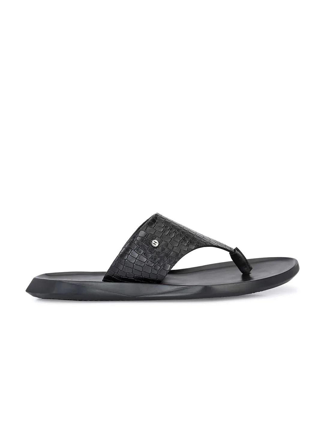 Hitz Men's Black Open Toe Leather Slippers