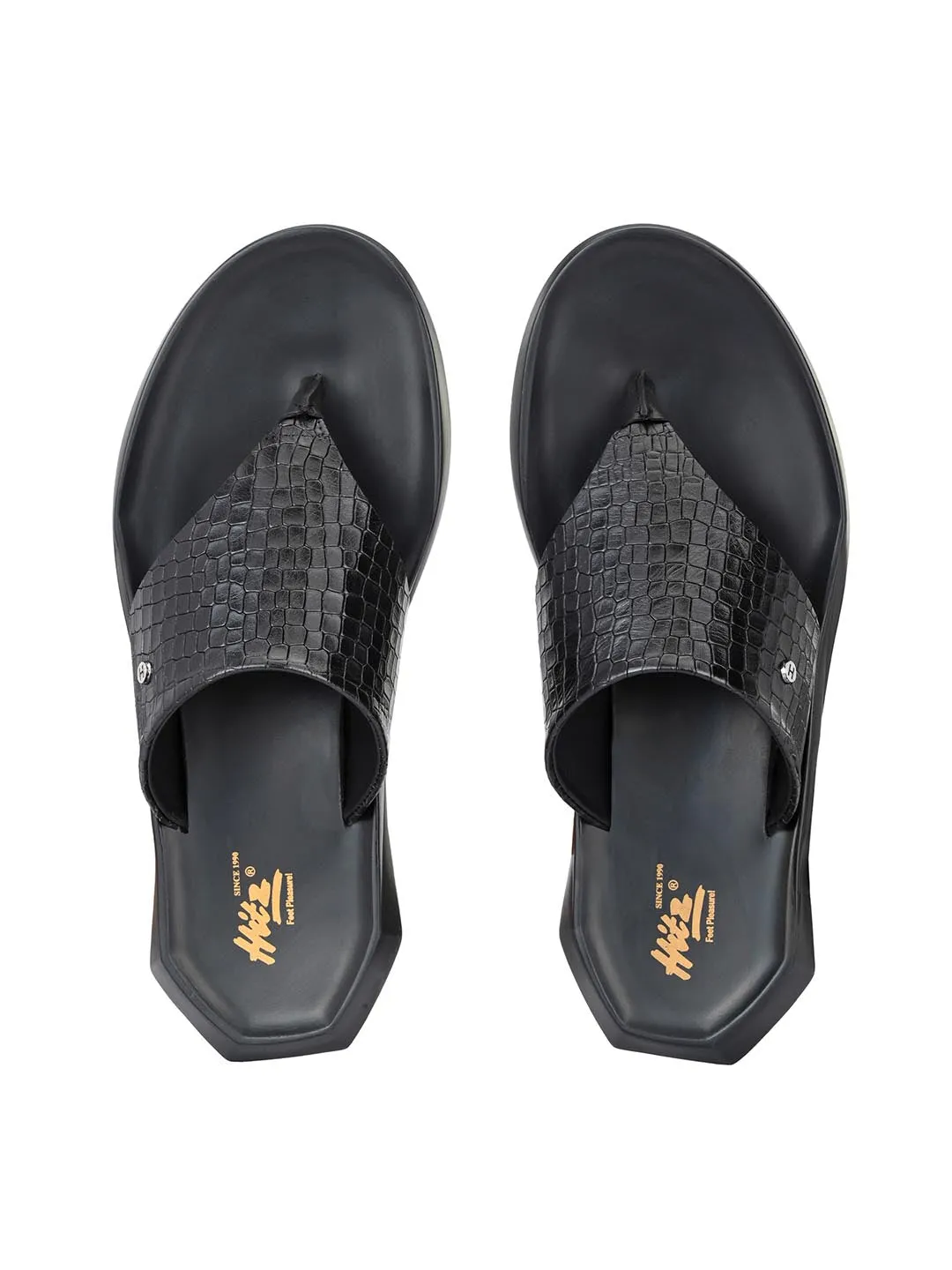 Hitz Men's Black Open Toe Leather Slippers