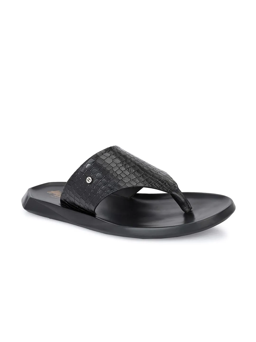 Hitz Men's Black Open Toe Leather Slippers