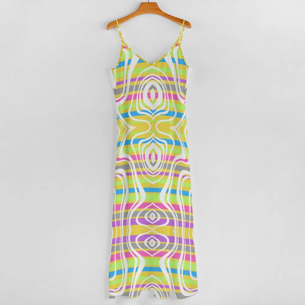 Women's Retro Stripe All Over Print Full Length Long Ankle Spaghetti Strap Casual Fashion Dress