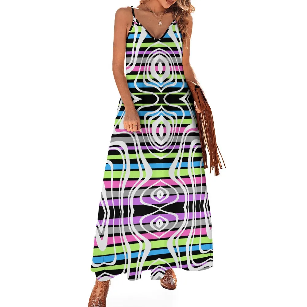 Women's Retro Stripe All Over Print Full Length Long Ankle Spaghetti Strap Casual Fashion Dress