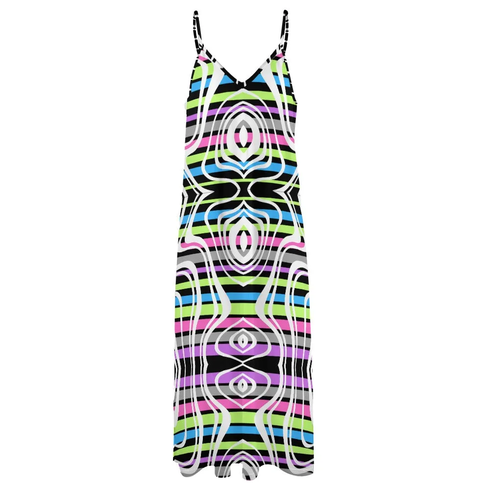 Women's Retro Stripe All Over Print Full Length Long Ankle Spaghetti Strap Casual Fashion Dress