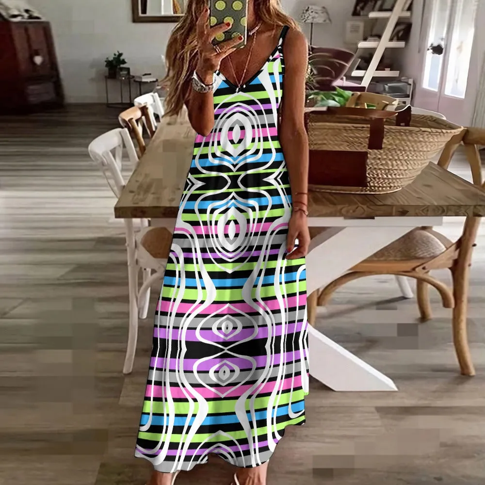 Women's Retro Stripe All Over Print Full Length Long Ankle Spaghetti Strap Casual Fashion Dress