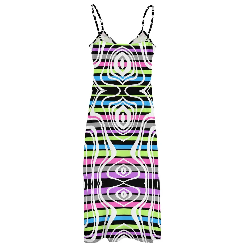 Women's Retro Stripe All Over Print Full Length Long Ankle Spaghetti Strap Casual Fashion Dress