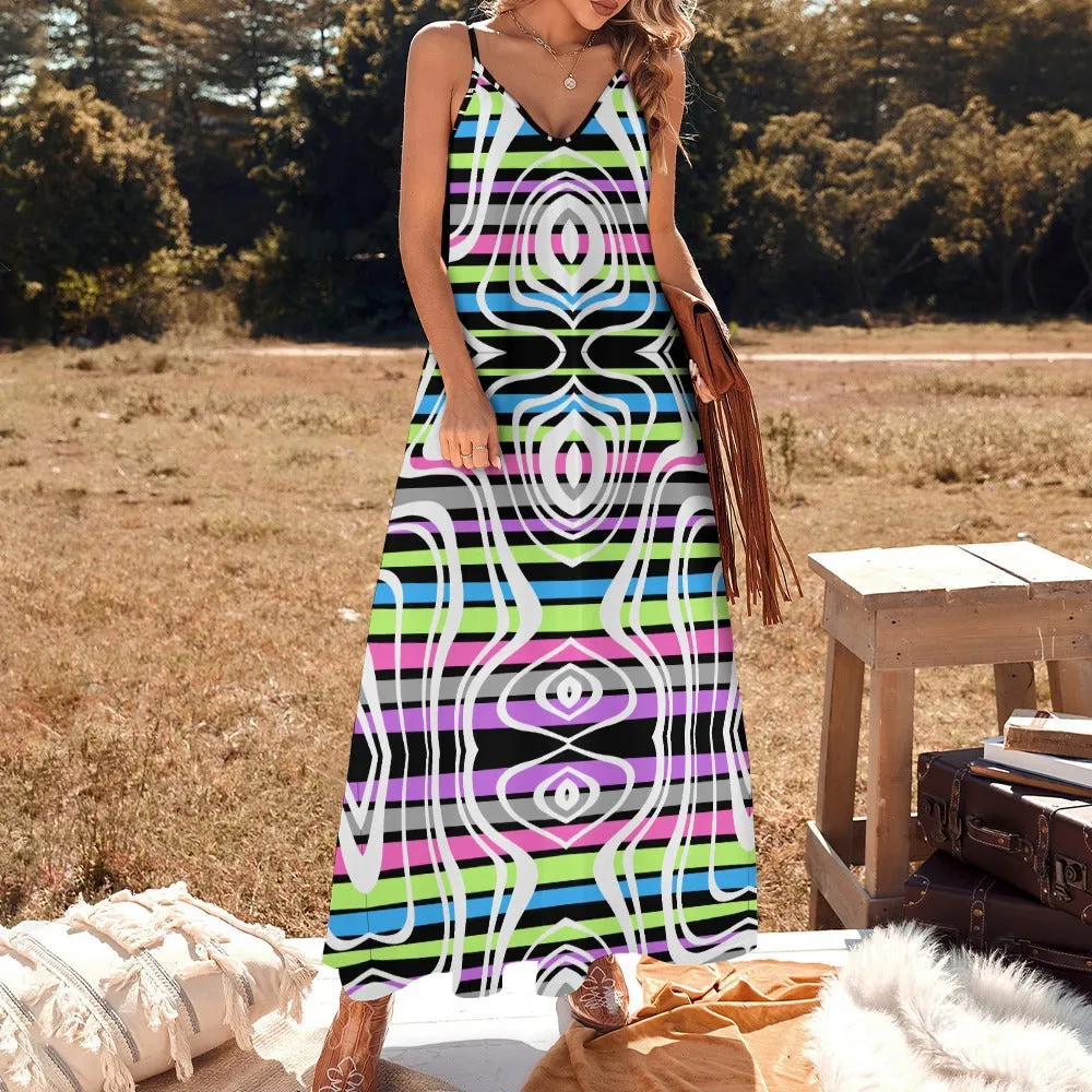 Women's Retro Stripe All Over Print Full Length Long Ankle Spaghetti Strap Casual Fashion Dress