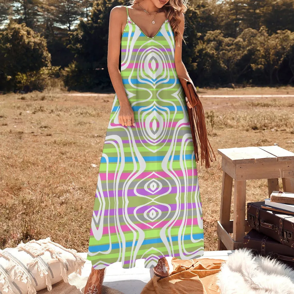 Women's Retro Stripe All Over Print Full Length Long Ankle Spaghetti Strap Casual Fashion Dress