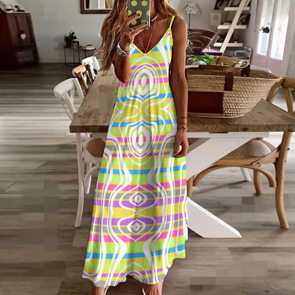 Women's Retro Stripe All Over Print Full Length Long Ankle Spaghetti Strap Casual Fashion Dress