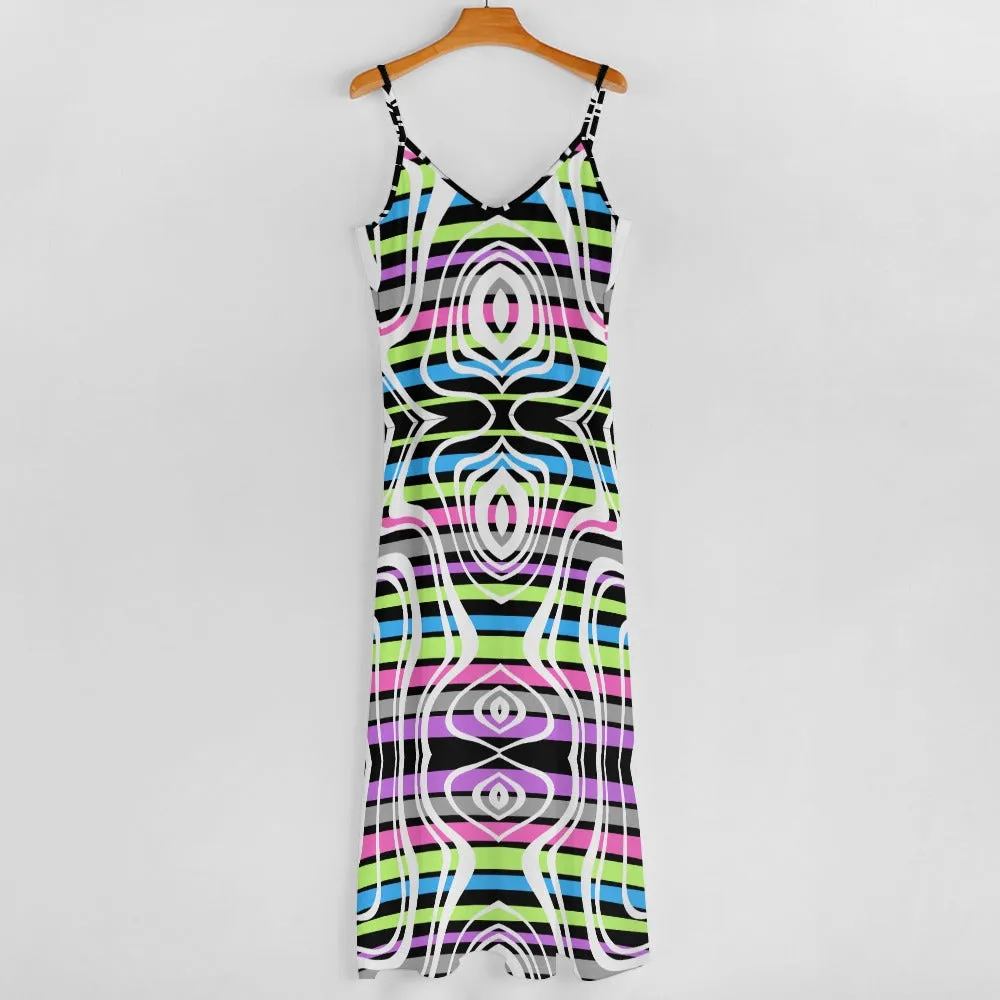 Women's Retro Stripe All Over Print Full Length Long Ankle Spaghetti Strap Casual Fashion Dress