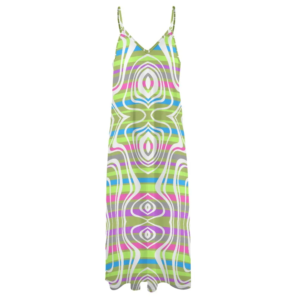 Women's Retro Stripe All Over Print Full Length Long Ankle Spaghetti Strap Casual Fashion Dress